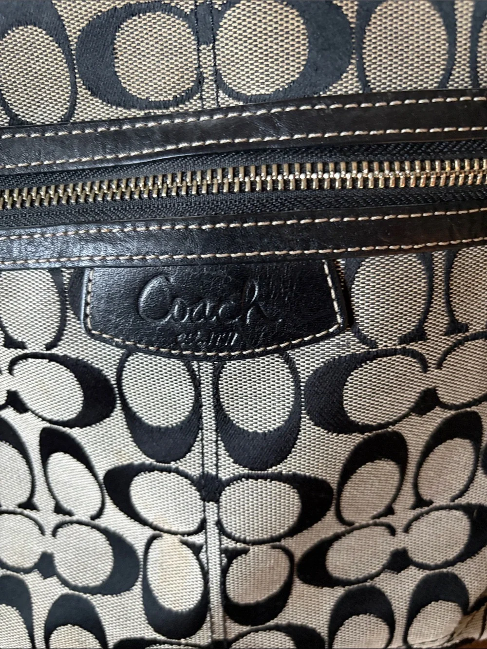 Vintage sCoach Signature Canvas Messenger Bag in Black and Tan